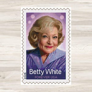 Patrón de punto de cruz de Betty White - Sello postal de 2025 - Descargar PDF