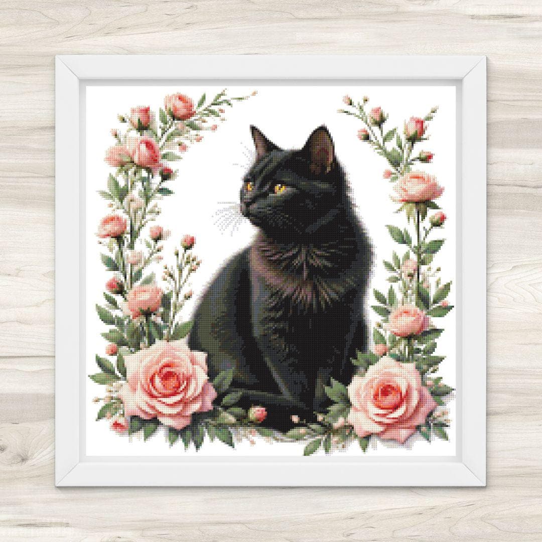 黒猫とピンクのバラのクロスステッチパターン：花柄の猫（PDF） - Etsy