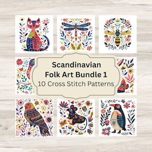 Op de afbeelding: Een verzameling van tien kruissteekpatronen met Scandinavische volkskunstontwerpen. De afbeeldingen bevatten kleurrijke illustraties van een kat, libelle, bij, vogel, uil, muis en pinguïn, omringd door bloemmotieven. De tekst luidt "Scandinavian Folk Art Bundle 1".