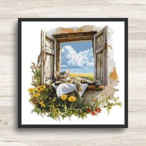 Cross Stitch Pattern: Farm Window Kitten - PDF Instant Download