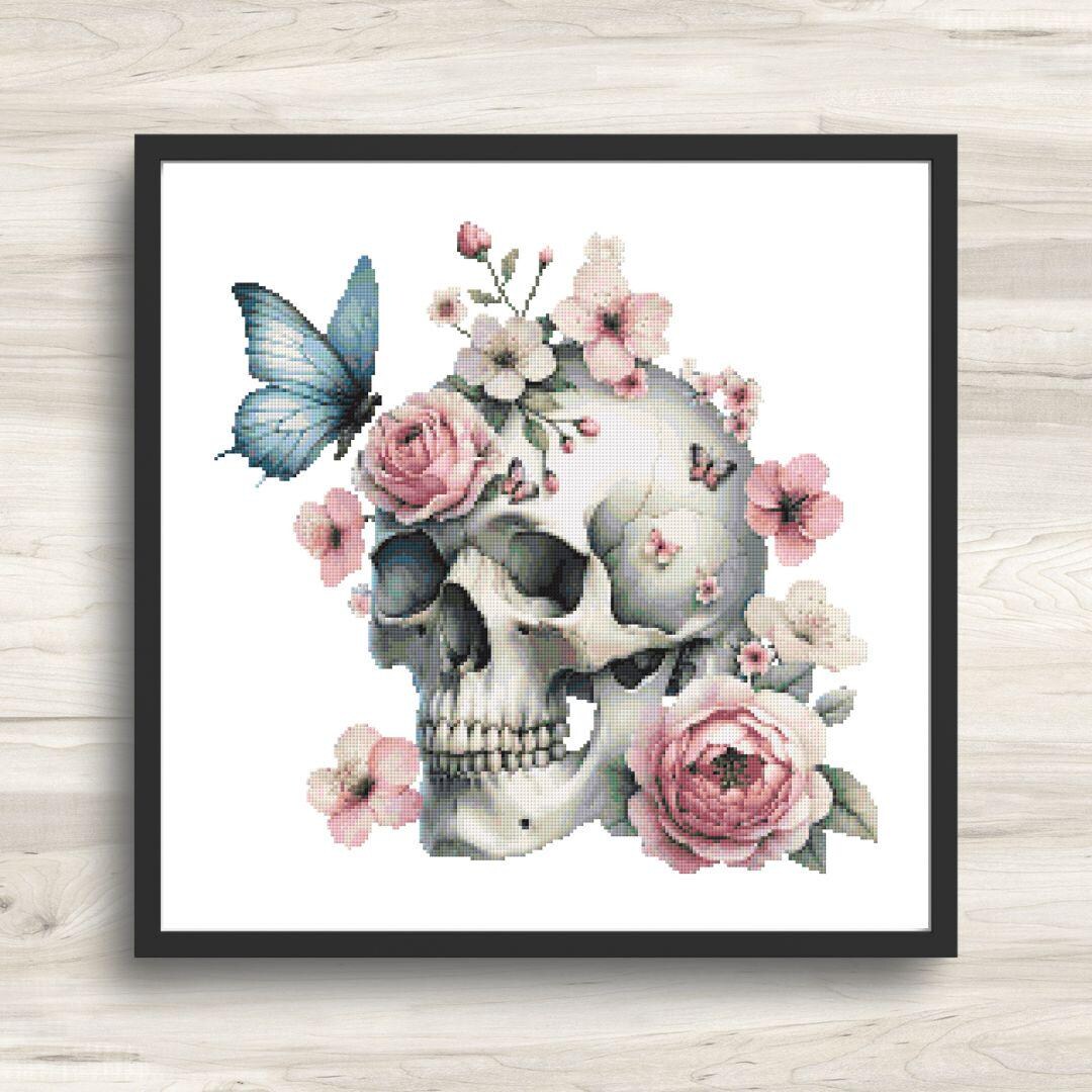 Skull Cross Stitch Pattern With Flowers Motif 3 - PDF Download - Etsy