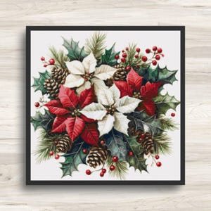 Cross Stitch Pattern: Christmas Poinsettia Flower Bouquet 2 - PDF Instant Download