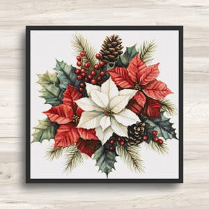 Cross Stitch Pattern: Christmas Poinsettia Flower Bouquet 8 - PDF Instant Download