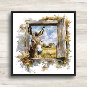 May include: A square cross-stitch pattern featuring a brown donkey looking through an open wooden window frame. The scene depicts a rural landscape with a small house in a golden field under a blue sky with white clouds, surrounded by foliage.