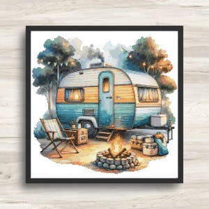 May include: Watercolor illustration of a vintage camper in a serene campsite setting. The camper is teal and orange, with a campfire, trees, and a striped chair. The scene evokes a sense of peaceful camping and outdoor adventure.