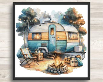 Cross Stitch Pattern: Vintage Camper Caravan Trailer Motif 15 - PDF Instant Download