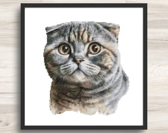 スコティッシュフォールド猫の水彩クロスステッチパターン - デザイン