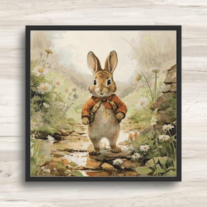 May include: A brown rabbit wearing a red jacket and a white shirt stands on a rock in a forest setting. The rabbit is looking to the right of the image. The background is a green forest with a stream in the foreground.
