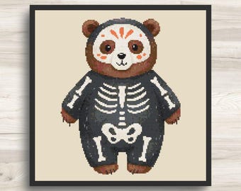 Patrón de punto de cruz: Oso de Halloween disfrazado de esqueleto - Descarga instantánea en PDF