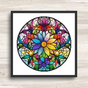 Ronde bloemen van gebrandschilderd glas 5 kruissteekpatroon pdf – bloemen mandala borduurkaart – kleurrijk modern doe-het-zelf borduurontwerp