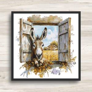 May include: A cross-stitch pattern featuring a brown donkey looking through an open wooden window. The scene includes a yellow field and a small house in the background under a blue sky with white clouds, all framed in a black square border.