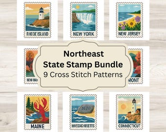 May include: A collection of nine cross stitch patterns featuring state-themed postage stamp designs. The central text reads Northeast State Stamp Bundle 9 Cross Stitch Patterns. Each stamp depicts iconic regional landmarks like lighthouses, waterfalls, and local wildlife such as a lobster, with state names printed below each illustration.