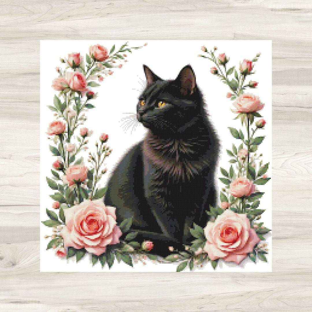 黒猫とピンクのバラのクロスステッチパターン：花柄の猫（PDF） - Etsy