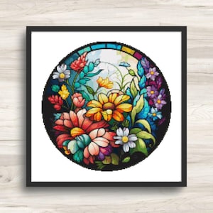 Ronde bloemen van glas in lood 7 kruissteekpatroon pdf – bloemen mandala borduurkaart – kleurrijk modern doe-het-zelf borduurontwerp