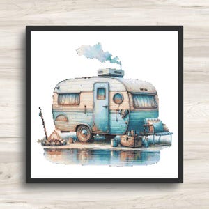 Kreuzstich Muster: Vintage Camper Wohnwagen Motiv 2 - PDF Instant Download
