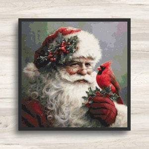 Modèle de point de croix Père Noël - Style vintage avec cardinal - Téléchargement PDF - Pattern Keeper