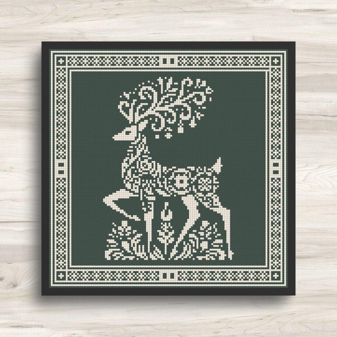 Folk Art Deer Cross Stitch Pattern - Monochrome Motif 1 - PDF Download ...