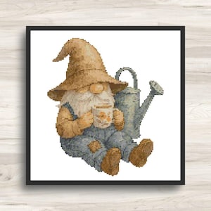 Cross Stitch Pattern: Cute Garden Gnome with Watering Can Watercolor Style 4 - PDF Instant Download