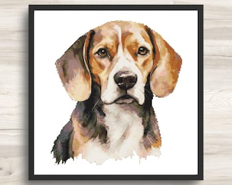 ビーグル犬の水彩画ポートレートクロスステッチパターン（PDFパターン