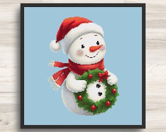 Snowman Cross Stitch Pattern - Christmas Wreath - PDF Download