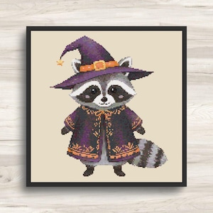Cross Stitch Pattern: Halloween Raccoon in Witch Costume - PDF Instant Download
