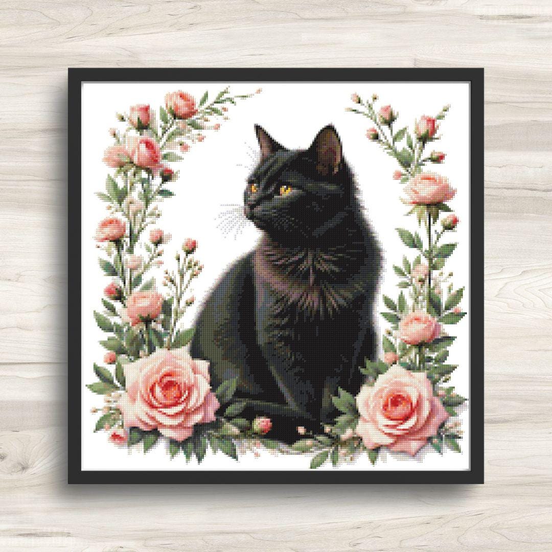 黒猫とピンクのバラのクロスステッチパターン：花柄の猫（PDF） - Etsy