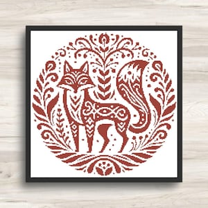 Modèle de point de croix Renard - Motif d'art populaire monochrome 8 - Téléchargement PDF compatible avec Pattern Keeper