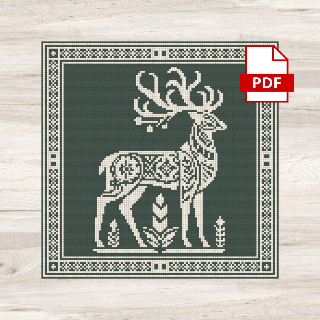 Folk Art Deer Cross Stitch Pattern - Monochrome Motif 3 - PDF Download ...