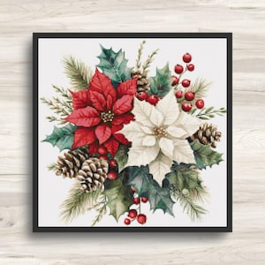 Cross Stitch Pattern: Christmas Poinsettia Flower Bouquet 9 - PDF Instant Download