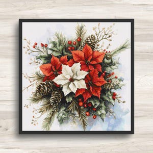 Cross Stitch Pattern: Christmas Poinsettia Flower Bouquet 1 - PDF Instant Download