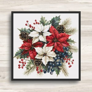 Cross Stitch Pattern: Christmas Poinsettia Flower Bouquet 7 - PDF Instant Download