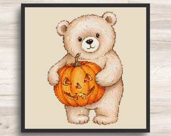 Patrón de punto de cruz: Osito de peluche de Halloween con calabaza - Descarga instantánea en PDF