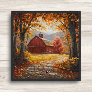 May include: A framed cross-stitch landscape depicts a red barn nestled among trees with vibrant autumn foliage. A dirt path leads to the barn, surrounded by fallen leaves. The scene evokes a sense of rural tranquility and the beauty of fall.