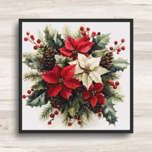 Cross Stitch Pattern: Christmas Poinsettia Flower Bouquet 4 - PDF Instant Download