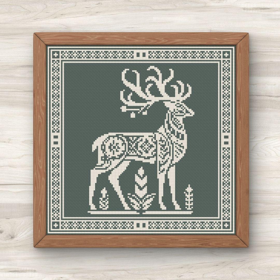 Folk Art Deer Cross Stitch Pattern - Monochrome Motif 3 - PDF Download ...
