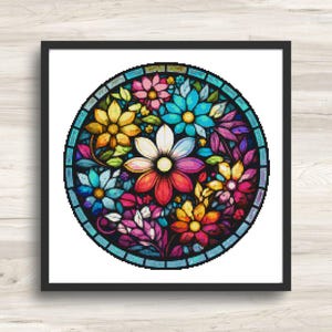 Ronde glas-in-loodbloemen 2 kruissteekpatroon pdf – bloemen mandala borduurkaart – kleurrijk modern doe-het-zelf borduurontwerp
