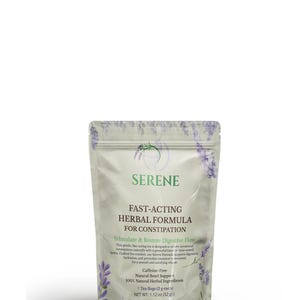 Puede incluir: Una bolsa blanca y lavanda de té de hierbas Serene. La bolsa presenta el texto "Fast-Acting Herbal Formula for Constipation" y "Stimulate & Restore Digestive Flow". La bolsa contiene 7 bolsitas de té, peso neto 32g.