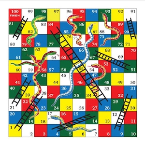 Puede incluir: Un tablero de juego colorido con un diseño de serpientes y escaleras. El tablero está dividido en 100 casillas, numeradas del 1 al 100. Hay escaleras que suben y serpientes que bajan. El tablero está hecho de cartón y está impreso con colores brillantes.