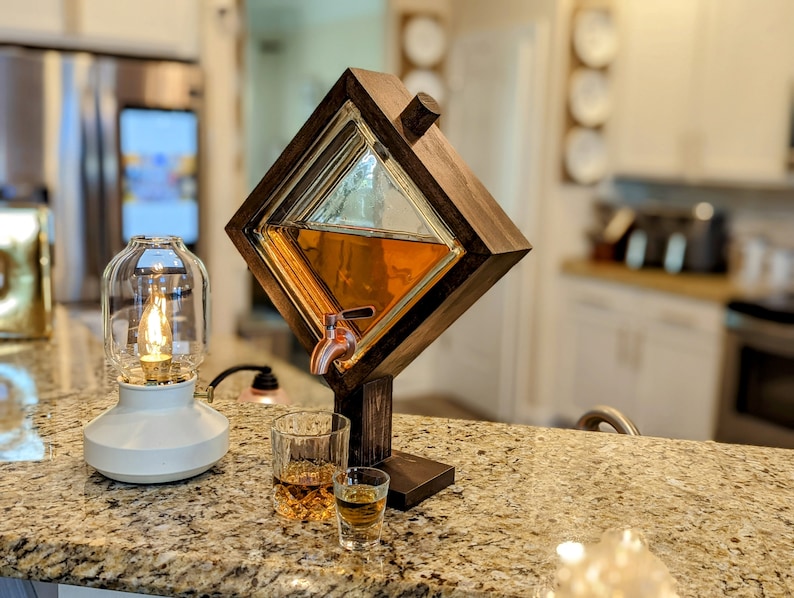Bourbon Decanter , Drink dispenser, Beverage Dispensers, glass block design. dark walnut image 1