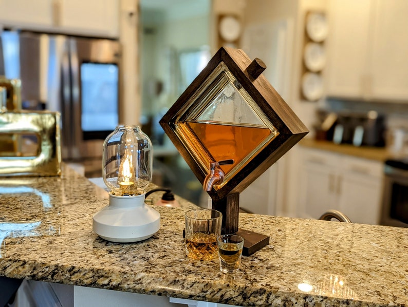 Bourbon Decanter , Drink dispenser, Beverage Dispensers, glass block design. dark walnut Brown