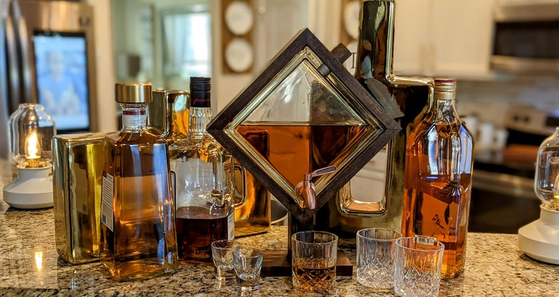 Bourbon Decanter , Drink dispenser, Beverage Dispensers, glass block design. dark walnut image 3