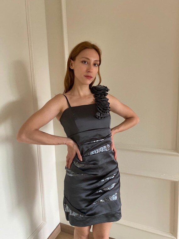 Vintage Satin Grey Mini Dress, Vintage Mini Gown,