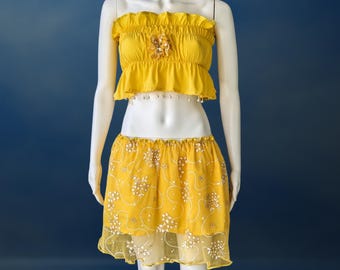 Yellow Ruffle Crop Top & Floral Skirt Set: Handmade Boho Outfit