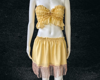 Handmade Boho Silk Two-Piece Set: Ruffled Crop Top & Fringe Skirt