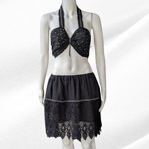 Chic Black Two-Piece Summer Outfit | Boho Halter Crop Top & Lace Skirt Set | Party Wear | Festival, Beach, or Casual Wear
