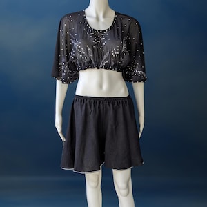 Elegant Black Two-Piece Set | Sheer Stone-Embellished Crop Top and Pearl-Trimmed Flowy Shorts