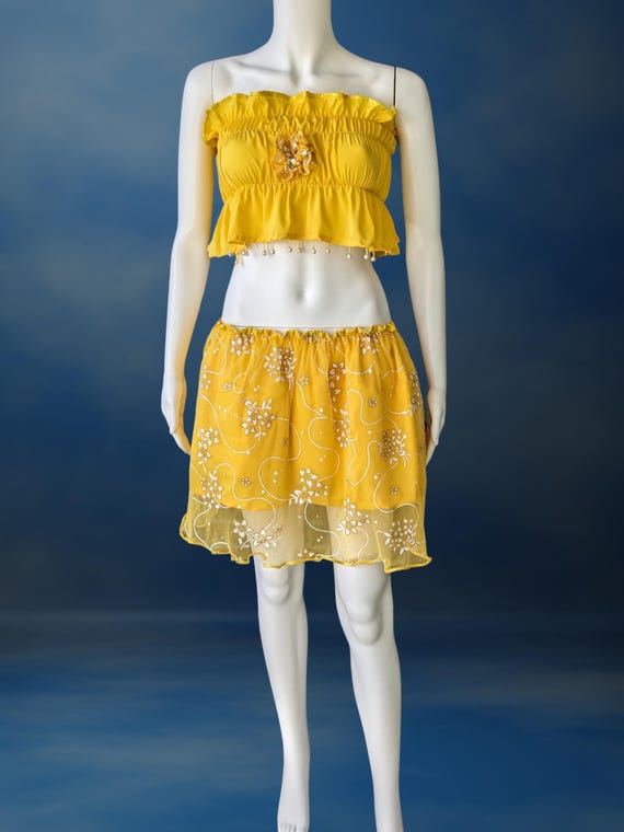 Sunny Days Two-piece Set Yellow Ruffled Crop Top Floral Sheer