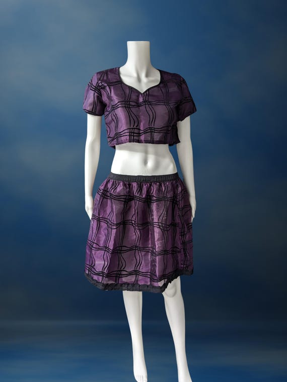 Completo due pezzi a quadri viola Top corto e gonna di