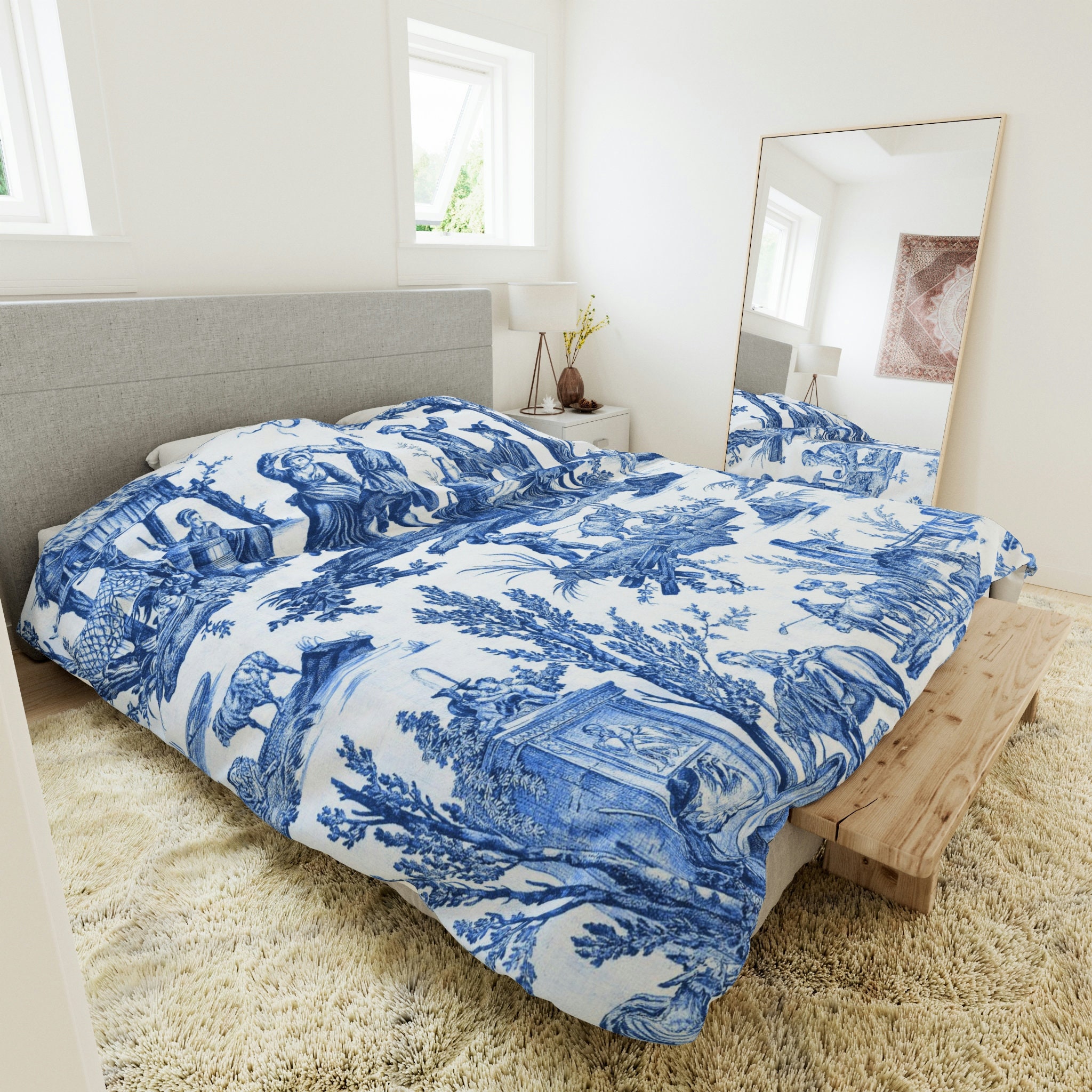 Elegant Navy Blue Toile De Jouy Duvet Cover Toile Bedding - Etsy