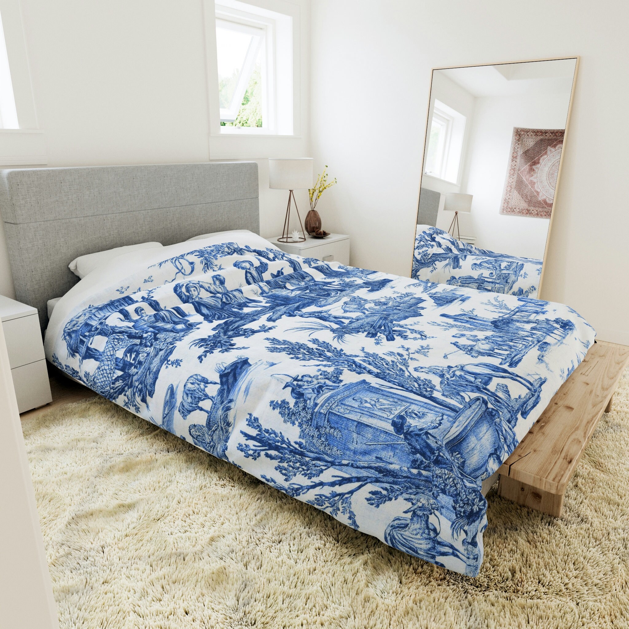 Elegant Navy Blue Toile De Jouy Duvet Cover Toile Bedding - Etsy